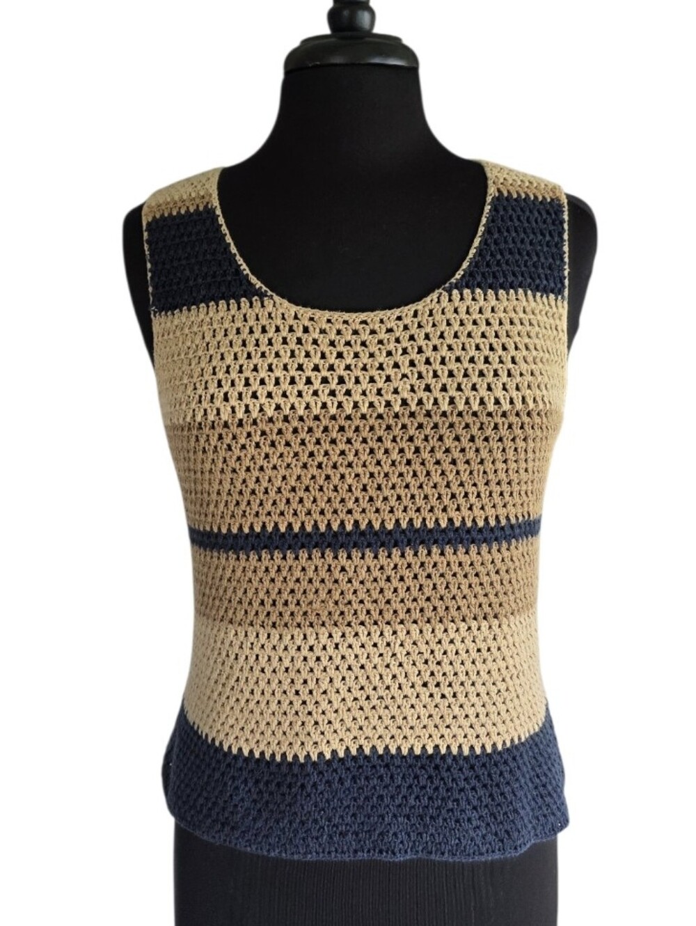 Vintage Beige and Navy Crochet Tank Top